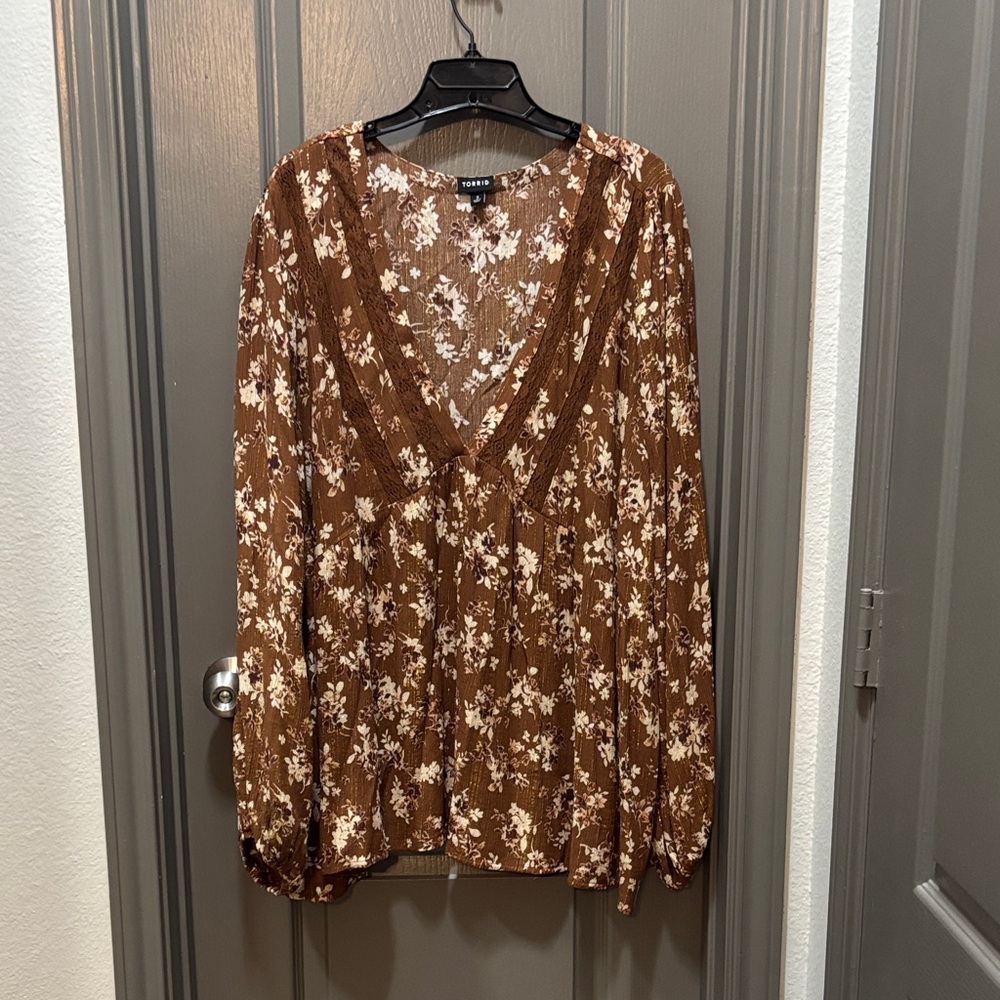 Brown Floral V-Neck Women's Top